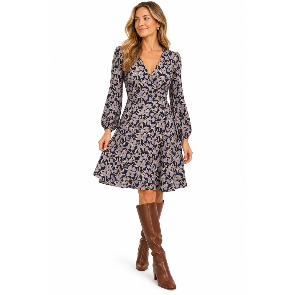 Boden Womens Floral Faux Wrap Dress Navy Blue Lavender Long Sleeve 14L Viscose